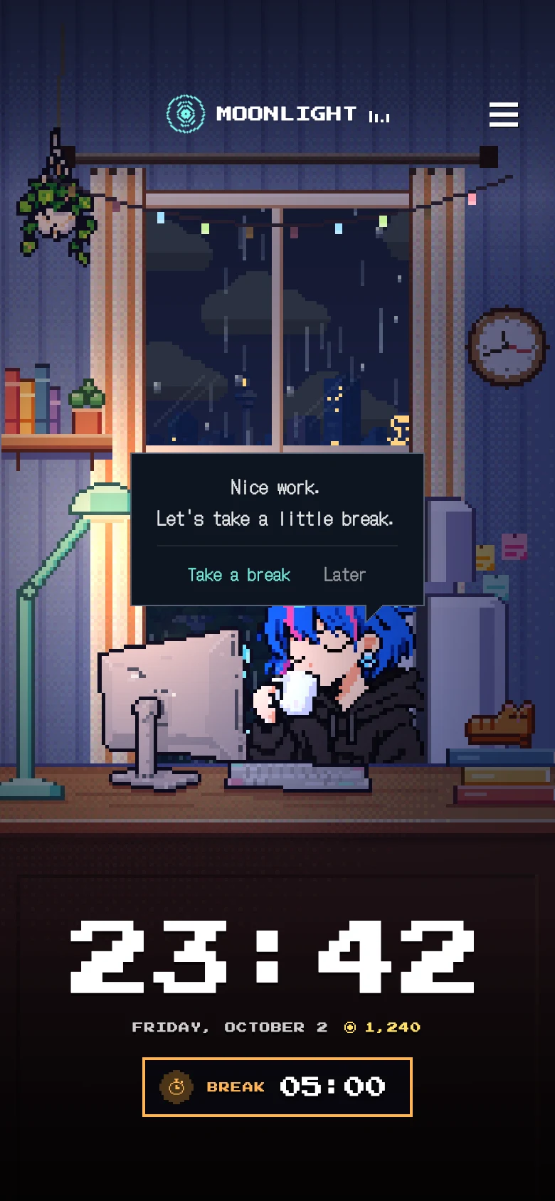 After focusing, a speech bubble says “Nice work. Let’s take a little break.”
