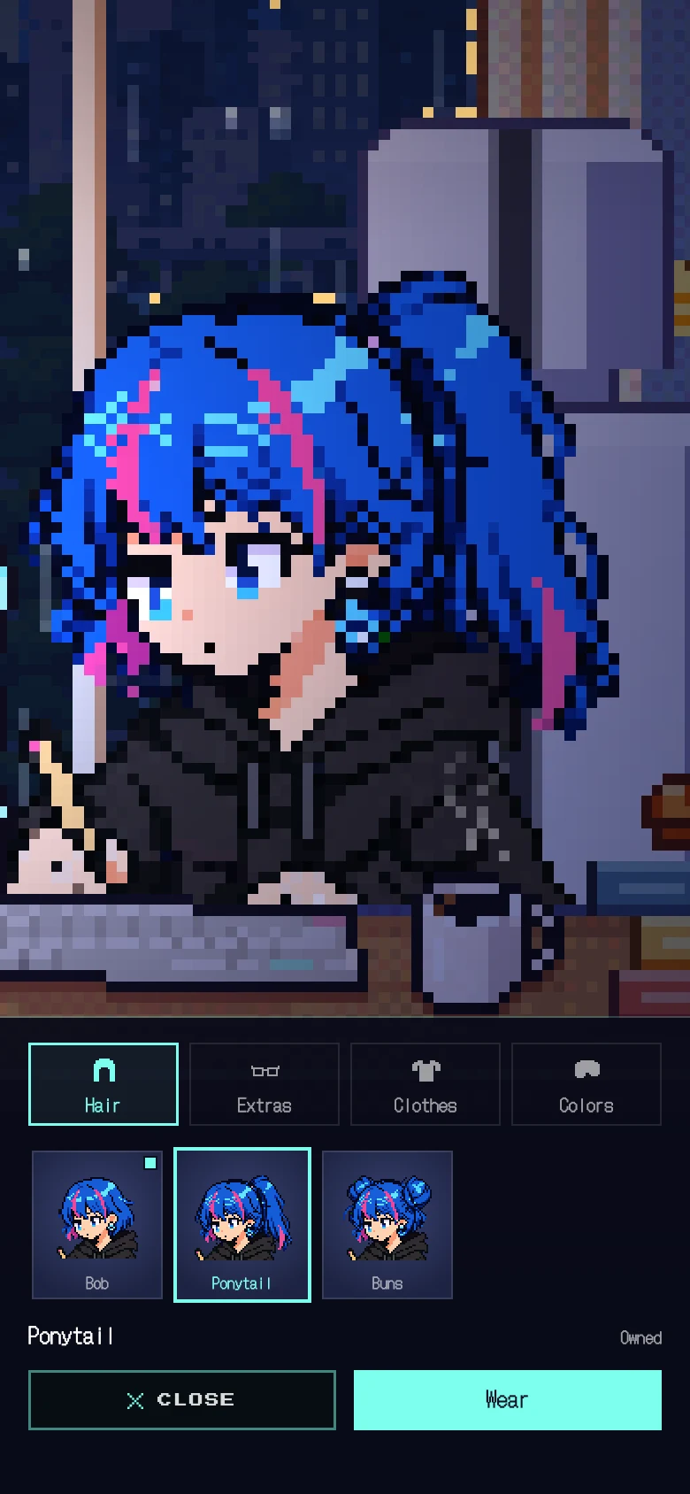 Outfit screen, zoomed in on PC GIRL while choosing a hairstyle