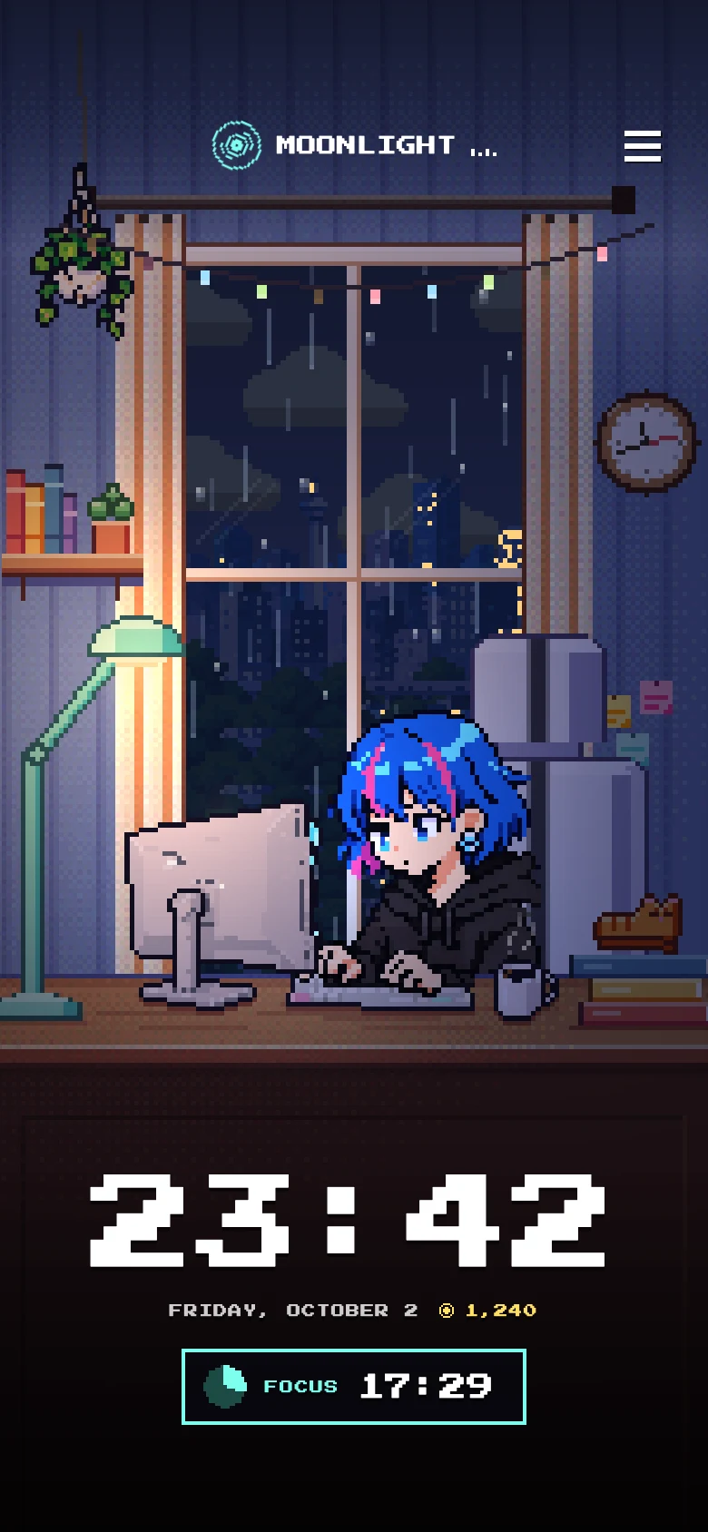Home screen while focusing, with a large clock and the time left at the bottom